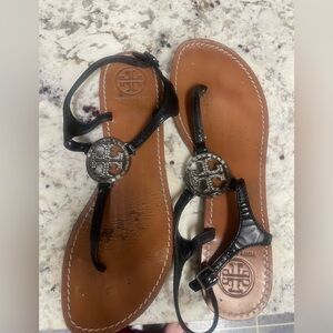 Tory Burch Black Leather Sandals with Silver Accents